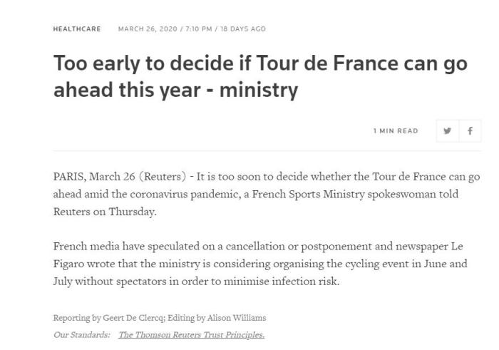 环法自行车赛或因疫情推迟，环瑞士赛事取消